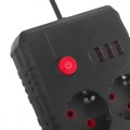 Maclean Listwa zasilająca MCE388 B 2 gniazda, 3xUSB, 110-240V AC 50/60Hz, 2.1A max 2500W, 3m czarna