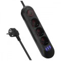 Maclean Listwa zasilająca MCE394 B, 1,5m|3 gniazda + 3xUSB. 110-240V AC 50/60Hz, 2.1A max 2500W, czarna