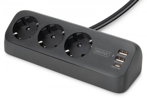 Digitus Listwa zasilająca biurkowa, 3 gniazda Schuko, 2x USB-A (2x 12W), 1x USB-C (30W) z zaciskiem na blat, kabel 1,5m, czarna