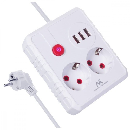Maclean Listwa zasilająca, MCE388 W 2 gniazda, 3xUSB, 110-240V AC 50/60Hz, 2.1A max 2500W, 3m biała