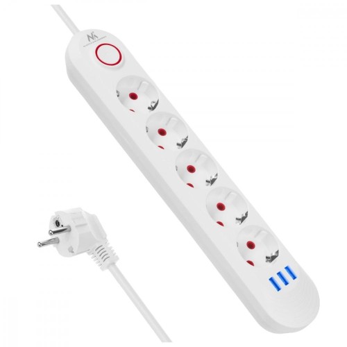 Maclean Listwa zasilająca 5 gniazd MCE395 W 3xUSB, 110-240v AC 50/60Hz, 2,1A max 2500W, biała