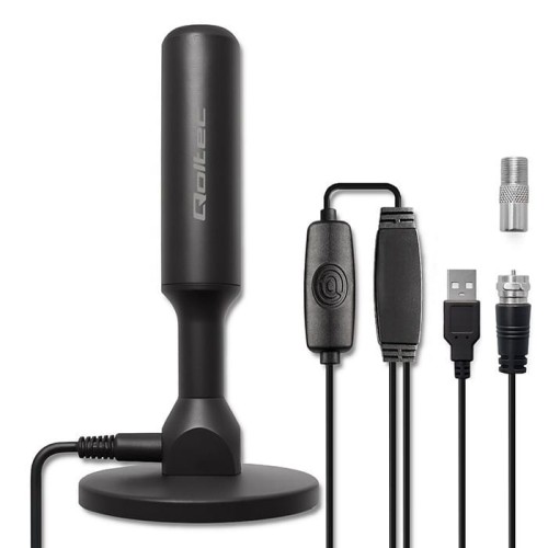 Qoltec Wewnętrzna Antena TV DVB-T2 ze wzmacniaczem sygnału i magnetyczną podstawą | 4K | 28dBi | 5m