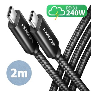 AXAGON BUCM2-CM20AB Kabel USB-C - USB-C, 2.0m 5A charging, ALU, 240W PD, oplot, USB2.0, czarny